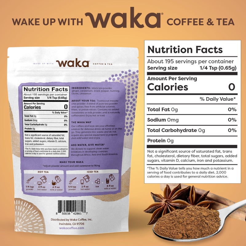 Waka Coffee Waka Traditional Masala Instant Chai Tea - 100% Tea Leaves from India, Natural Spices, Unsweetened Tea Powder - No Sugar, No Additives, Up to 195 Cups (4.5oz) - Image 2