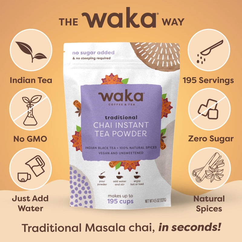 Waka Coffee Waka Traditional Masala Instant Chai Tea - 100% Tea Leaves from India, Natural Spices, Unsweetened Tea Powder - No Sugar, No Additives, Up to 195 Cups (4.5oz) - Image 3