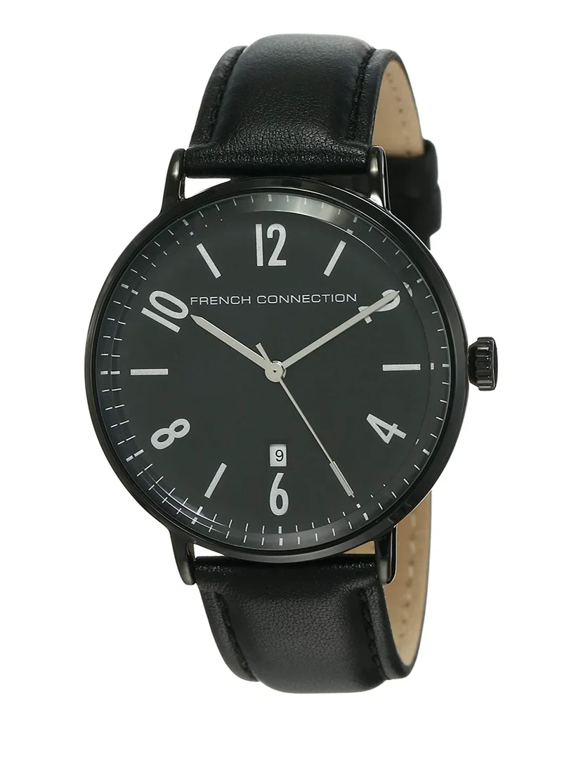 French Connection 42mm Quartz Men's Watch With Black Dial & Leather Strap