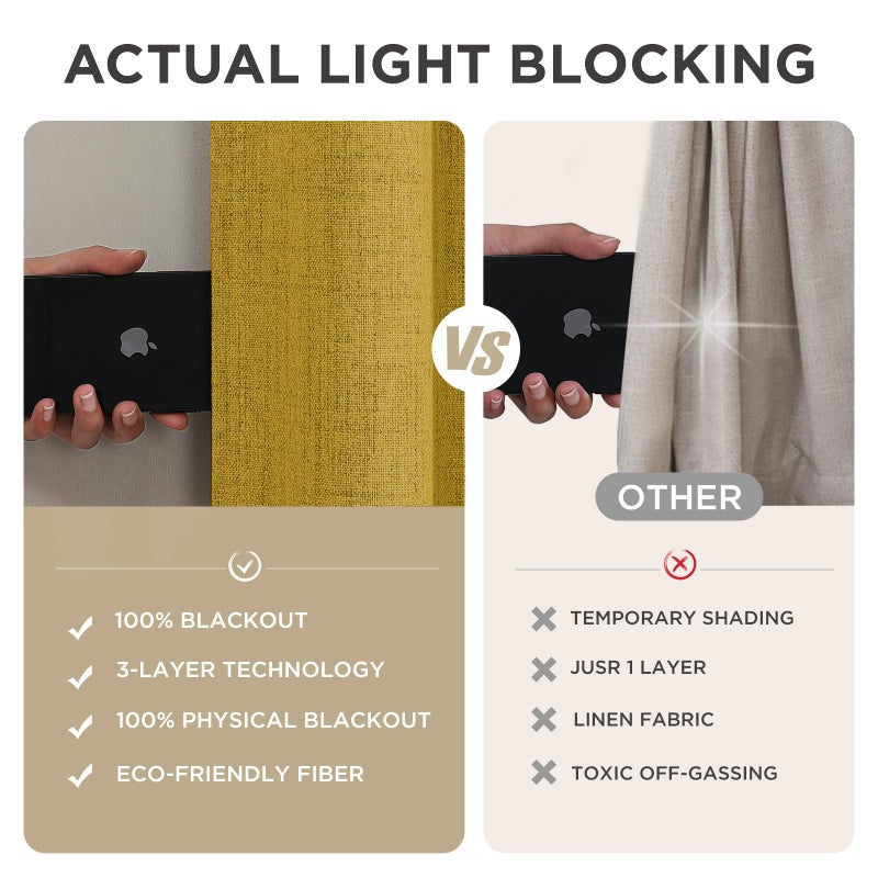 Joydeco Blackout Curtains for Bedroom - 120 Inch Long 100% Light Blocking 2 Panels Set Yellow Drapes  Thermal Insulated Room Darkening Curtains  Linen Textured for Living Room  Rod Pocket & Back Tabs - Image 5