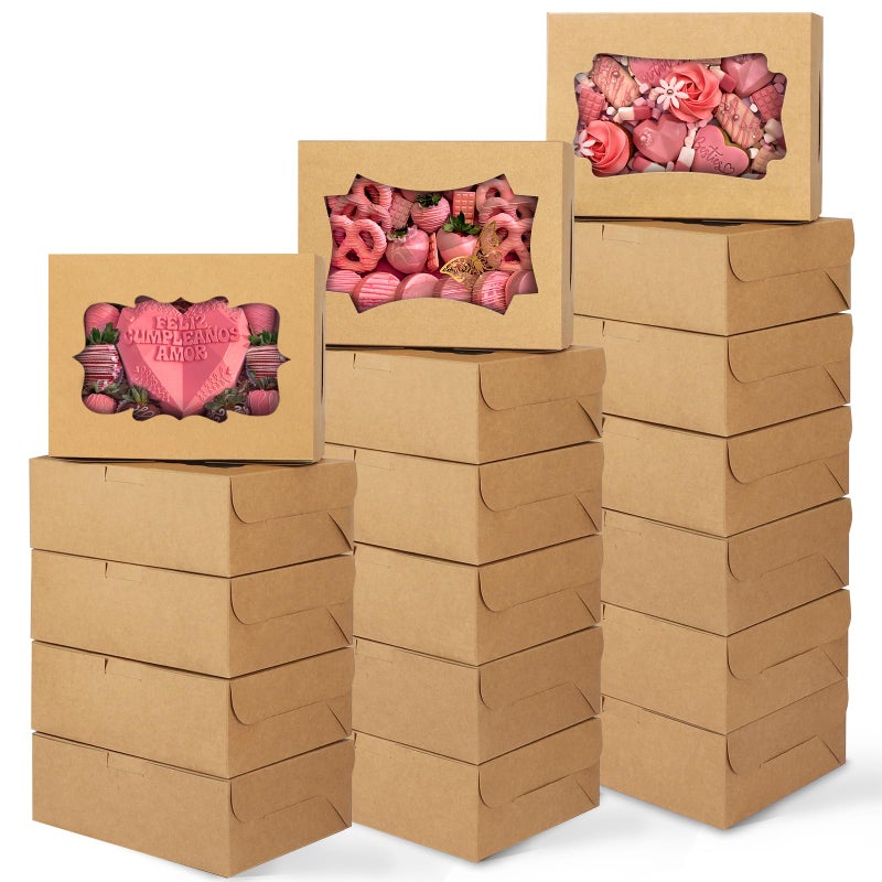 TOMNK 48pcs 8x6x2.5 Inches Cookie Boxes, Treat Boxes with 3 Style Window, for Chocolate Strawberries Muffins Donuts and Party Favor - Image 1