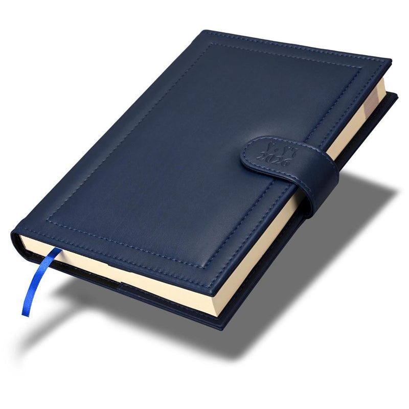 FIS 2026 Agenda Diary, 170x240mm, 2 Sides Padded & Sewn Italian PU Cover, Loop with Magnetic Lock, 1 Day a Page, Arabic/English, 70gsm Italian Ivory Paper, Blue Cover - FSDI61026AEBL - Image 1