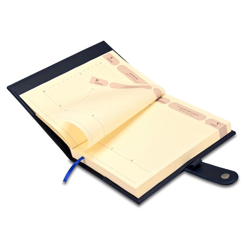 FIS 2026 Agenda Diary, 170x240mm, 2 Sides Padded & Sewn Italian PU Cover, Loop with Magnetic Lock, 1 Day a Page, Arabic/English, 70gsm Italian Ivory Paper, Blue Cover - FSDI61026AEBL - Image 4