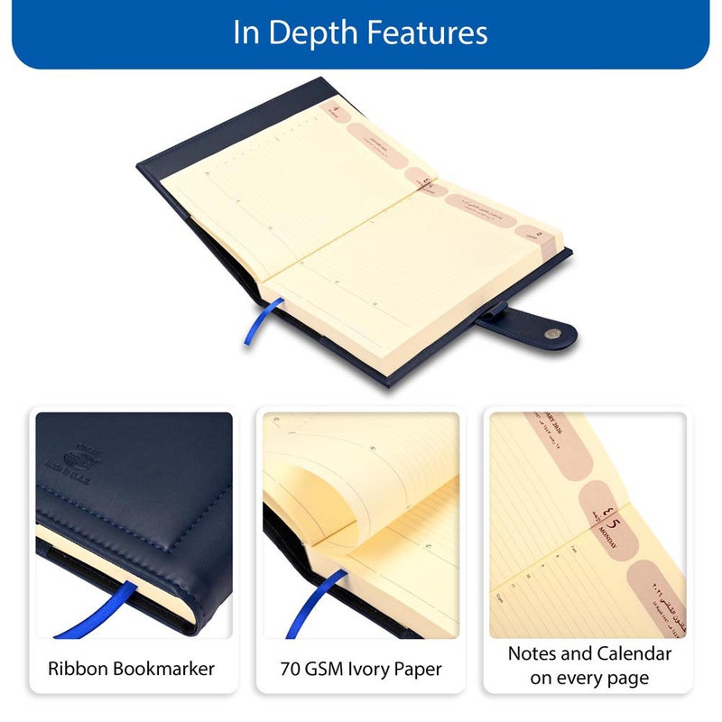 FIS 2026 Agenda Diary, 170x240mm, 2 Sides Padded & Sewn Italian PU Cover, Loop with Magnetic Lock, 1 Day a Page, Arabic/English, 70gsm Italian Ivory Paper, Blue Cover - FSDI61026AEBL - Image 5