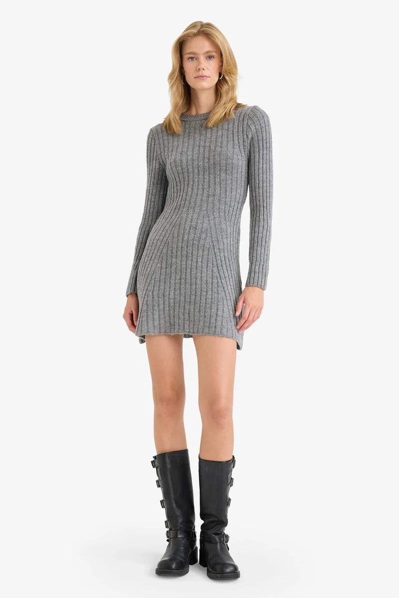 DeFacto Crew Neck Ribbed Long Sleeve Mini Dress