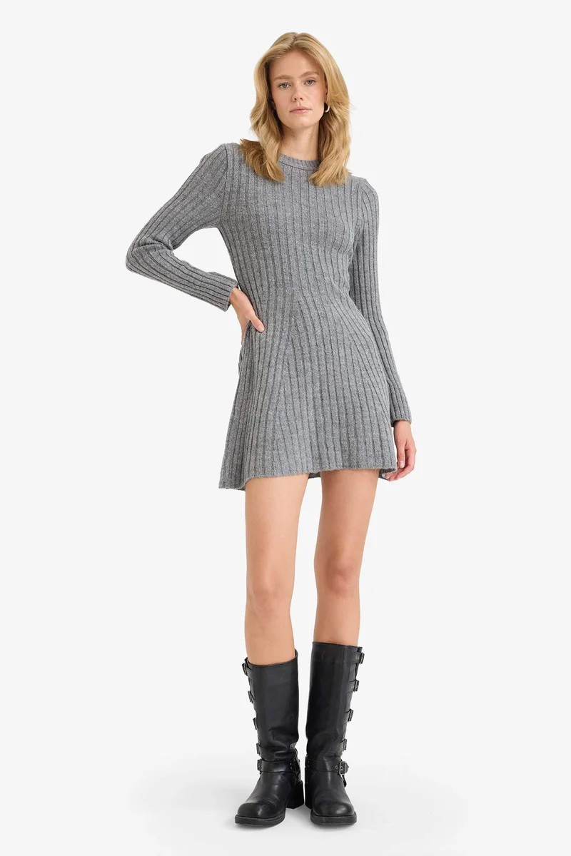 DeFacto Crew Neck Ribbed Long Sleeve Mini Dress