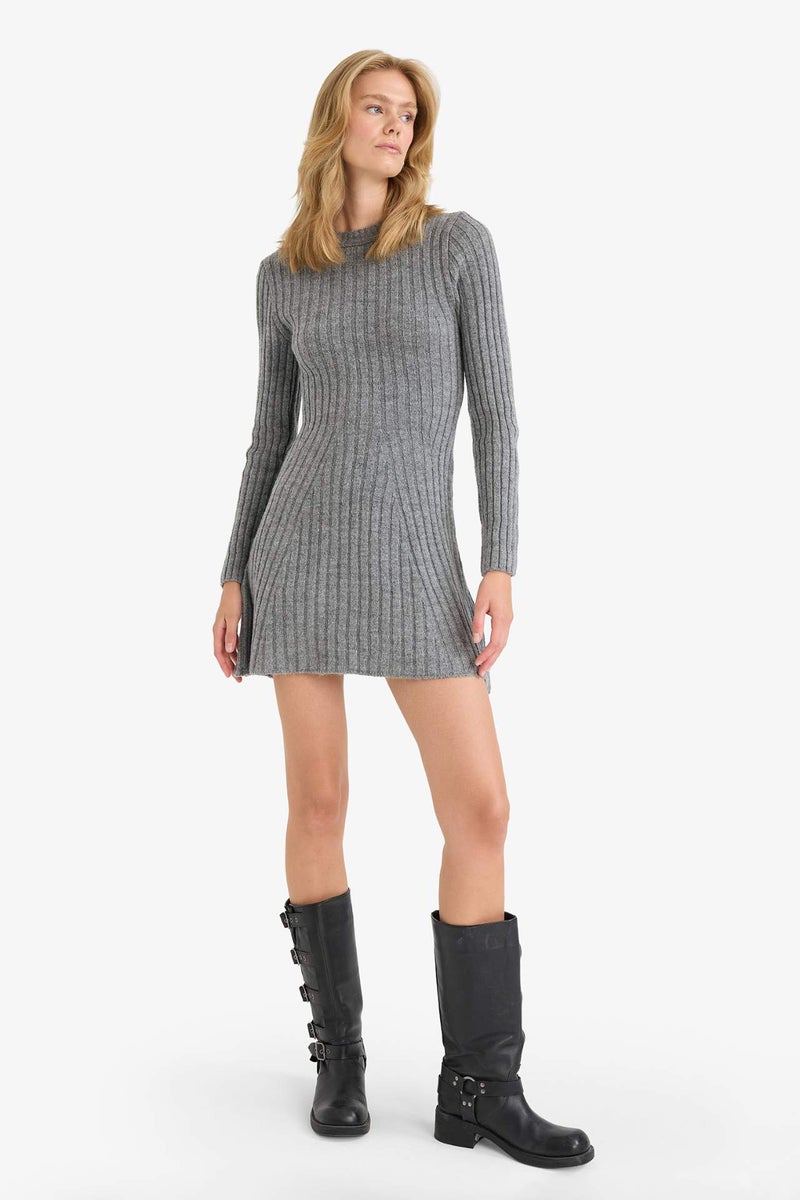 DeFacto Crew Neck Ribbed Long Sleeve Mini Dress - Image 3
