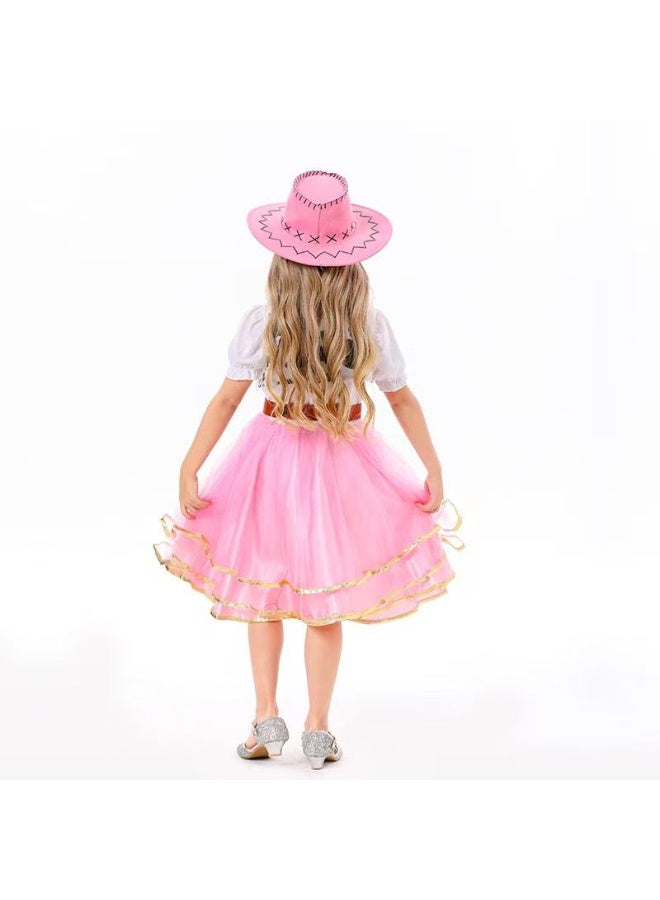 Home Smart Cow Girl Costume Dress for Girls Cosplay Outfit with Hat Belt and Red Scarf for Festival Performance Photography and Party Favor (Pink) - Image 4