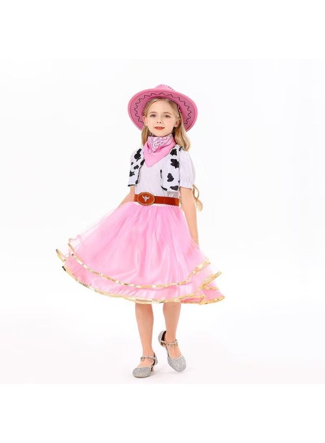 Home Smart Cow Girl Costume Dress for Girls Cosplay Outfit with Hat Belt and Red Scarf for Festival Performance Photography and Party Favor (Pink) - Image 3