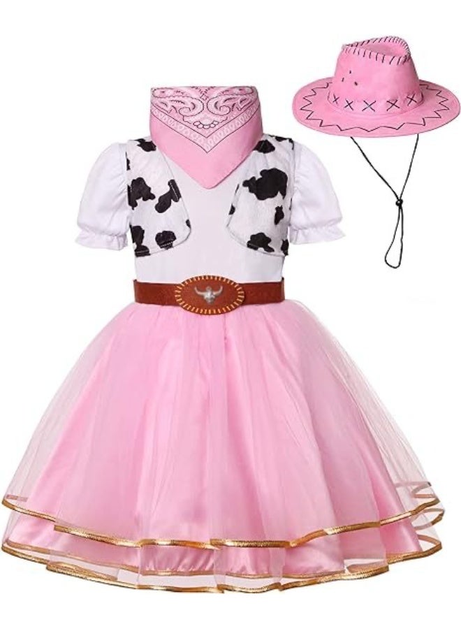 Home Smart Cow Girl Costume Dress for Girls Cosplay Outfit with Hat Belt and Red Scarf for Festival Performance Photography and Party Favor (Pink) - Image 1