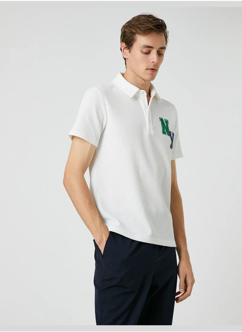 كوتون Varsity T-Shirt Polo Neck Button Detailed Embroidered