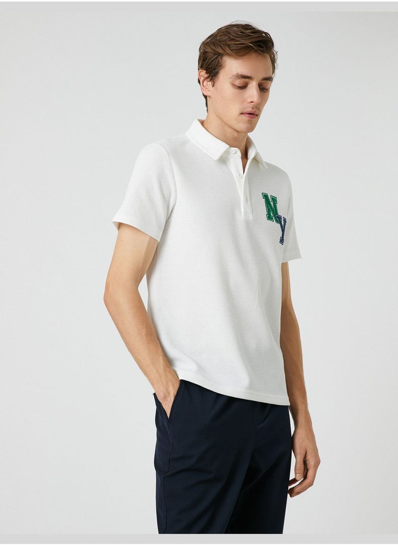 KOTON - Varsity T-Shirt Polo Neck Button Detailed Embroidered - Image 1