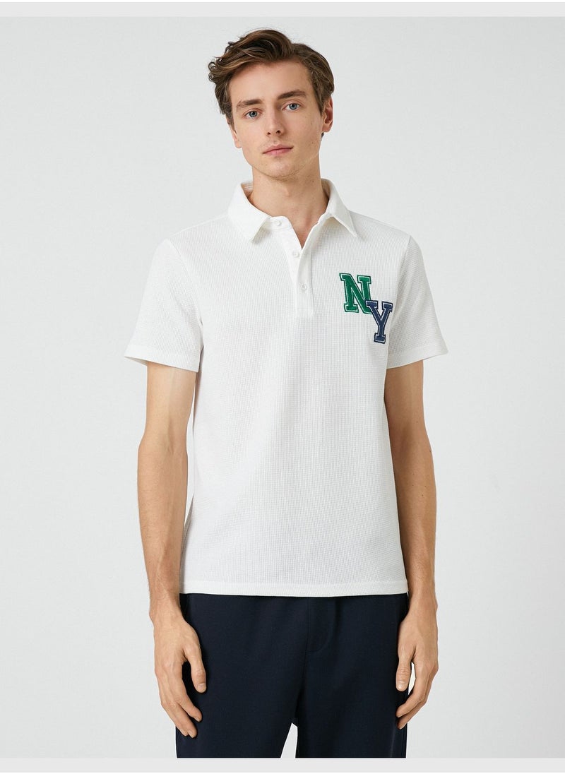 KOTON - Varsity T-Shirt Polo Neck Button Detailed Embroidered - Image 1