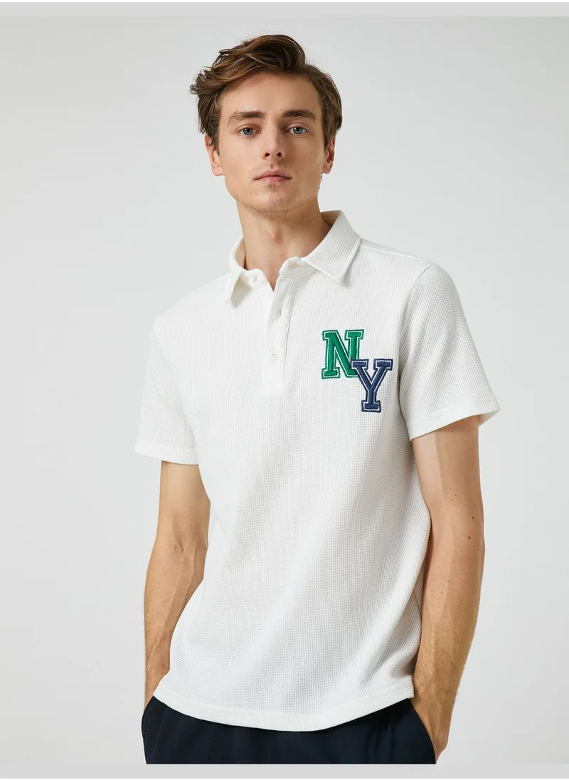 KOTON Varsity T-Shirt Polo Neck Button Detailed Embroidered