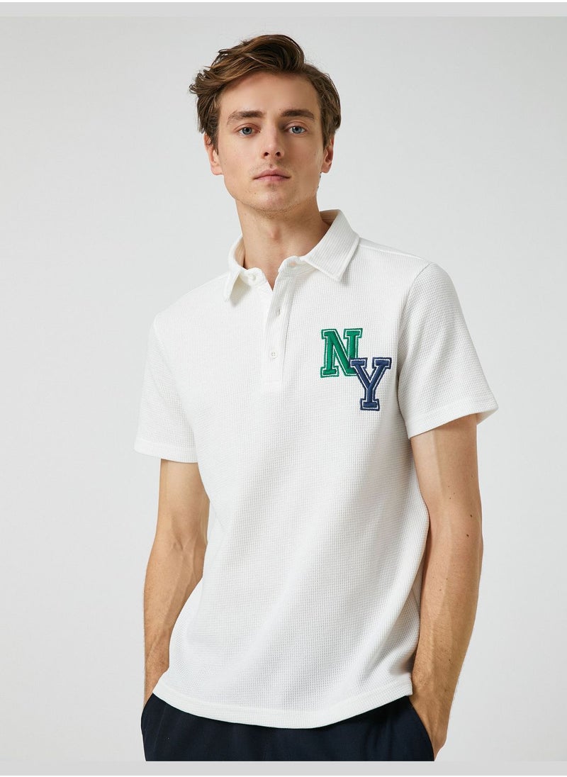 KOTON - Varsity T-Shirt Polo Neck Button Detailed Embroidered - Image 1