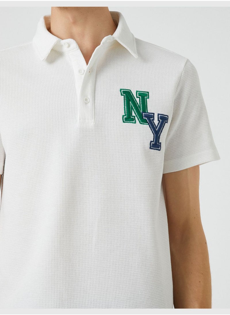 KOTON - Varsity T-Shirt Polo Neck Button Detailed Embroidered - Image 1
