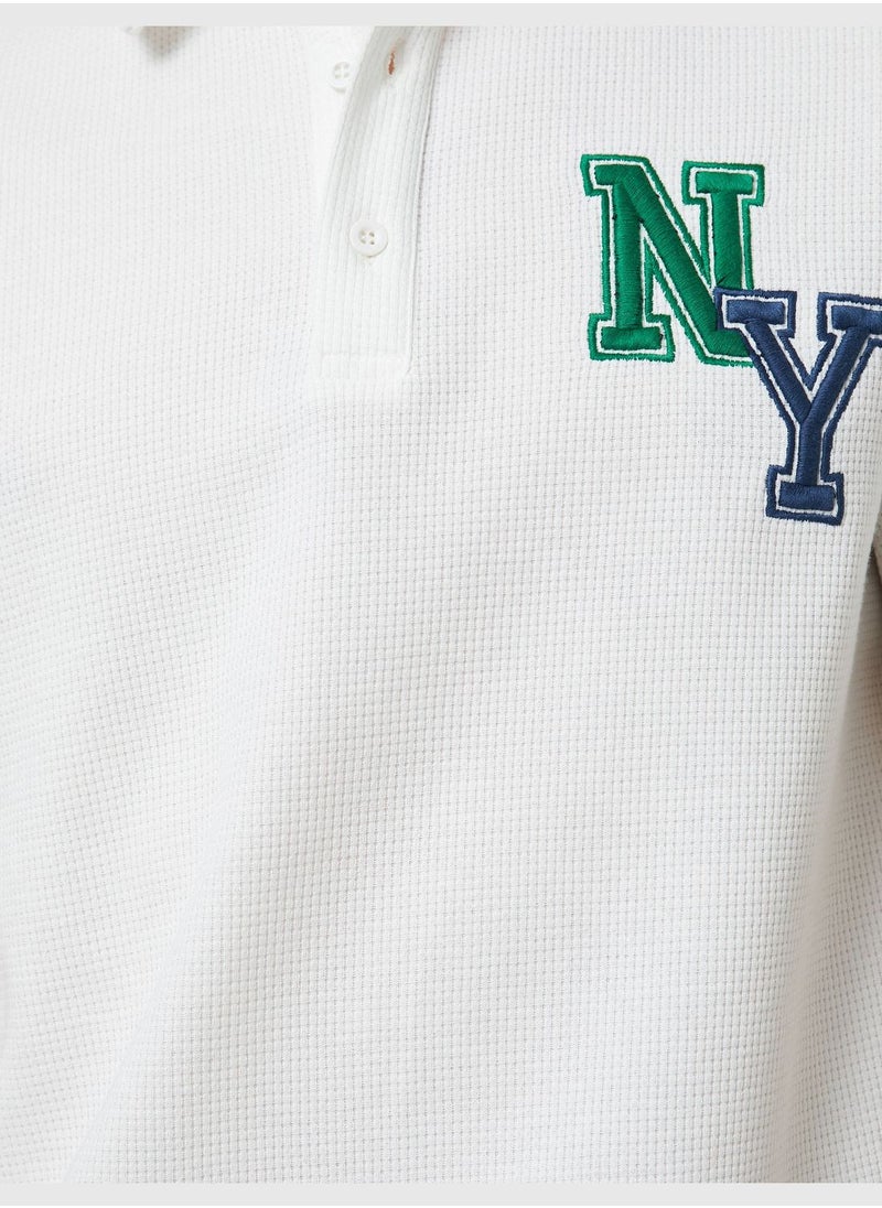 KOTON - Varsity T-Shirt Polo Neck Button Detailed Embroidered - Image 1