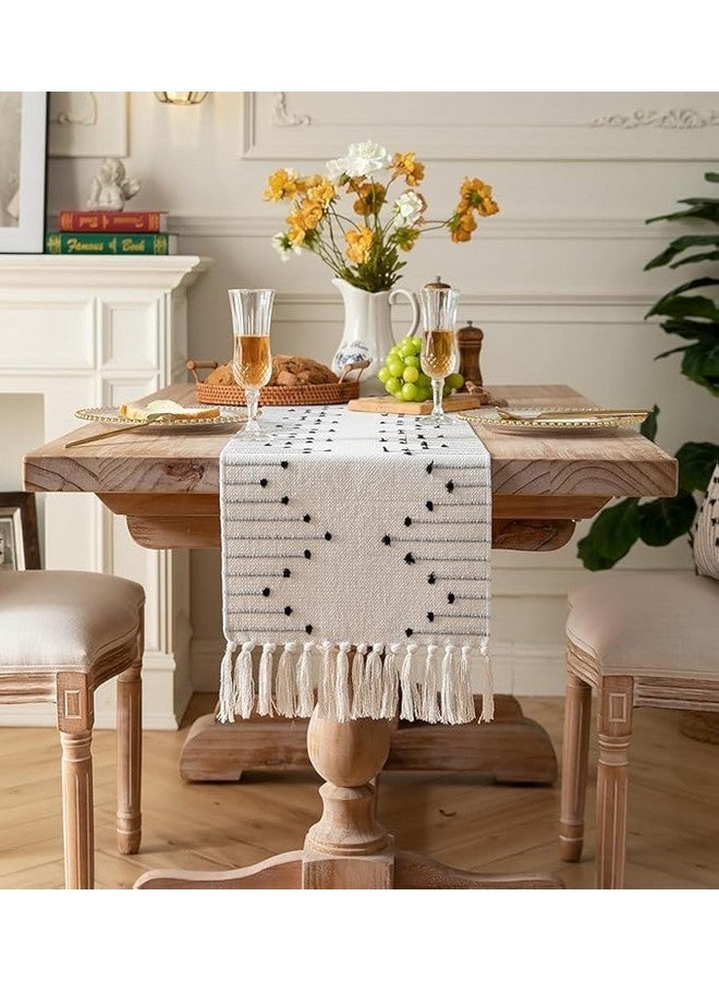 ALSTONIA Luxurious 100% Natural Pure Cotton Handmade Table Runner with Tassels for 6 Seater Dining Table Self Designer Pattern (14 x 72 inches)-Pack of 1 (Black & White) - Image 1