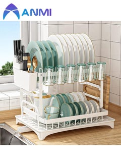 Anmi Dish Drying Rack Multifunctional Dish Rack Rustproof Kitchen Dish Drying Rack with Drainboard Space-Saving 2-Tier Dish Drying Rack with Utensil Holder & Cup Holder for Kitchen Counter （White）  - Image 1