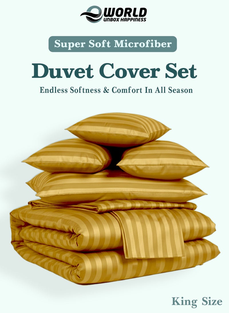 Eworld Premium Striped Duvet Set All Season – 6-Pieces Set Gold | King Size 220x240 cm | Ultra-Soft, Wrinkle-Resistant & Made in Dubai | Includes Duvet Cover, Fitted Sheet (200x200 cm) & 4 Pillowcases (50x70 cm) - Image 3