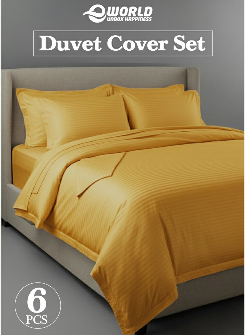 Eworld Premium Striped Duvet Set All Season – 6-Pieces Set Gold | King Size 220x240 cm | Ultra-Soft, Wrinkle-Resistant & Made in Dubai | Includes Duvet Cover, Fitted Sheet (200x200 cm) & 4 Pillowcases (50x70 cm) - Image 1