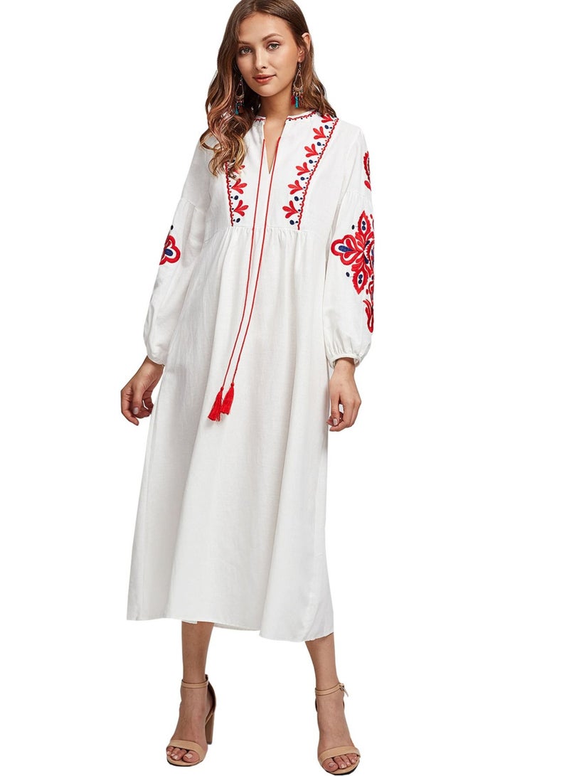 Loquat Women's Embroidered Tassel Lantern Sleeve Long Sleeve Dress  - Image 3