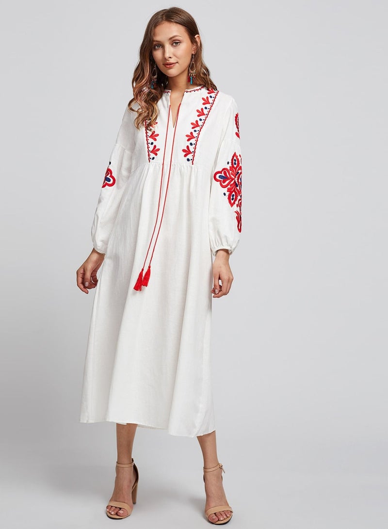 Loquat Women's Embroidered Tassel Lantern Sleeve Long Sleeve Dress  - Image 1