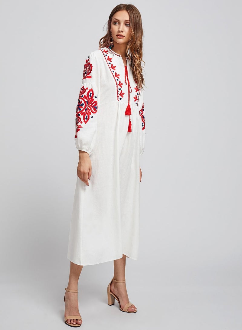 Loquat Women's Embroidered Tassel Lantern Sleeve Long Sleeve Dress  - Image 2