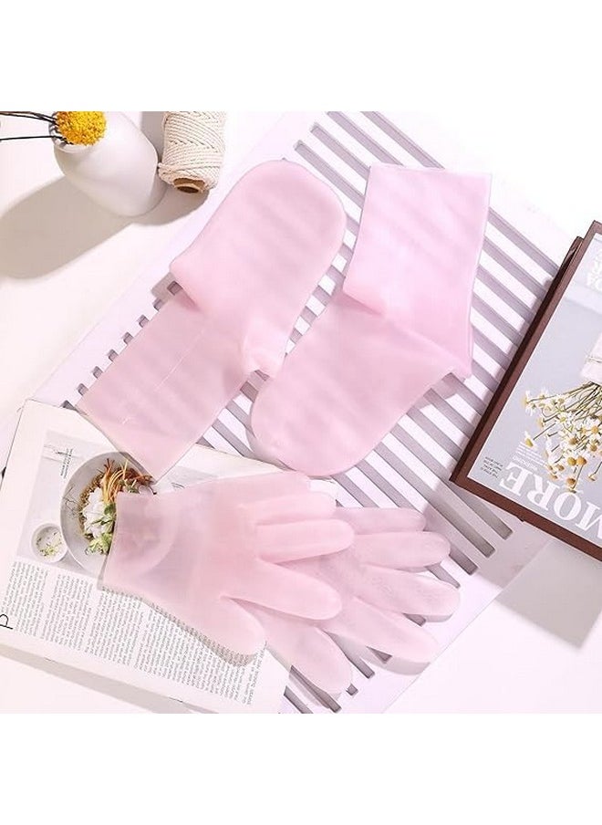 Generic - Moisturizing Socks & Gloves Set, Silicone Moisturizer Socks Gel Gloves Long Spa Socks Soft Aloe Gel Socks Foot Gel Socks Gloves for Dry Cracked Feet Hands Softening Calluses Foot Care(Pink) - Image 1
