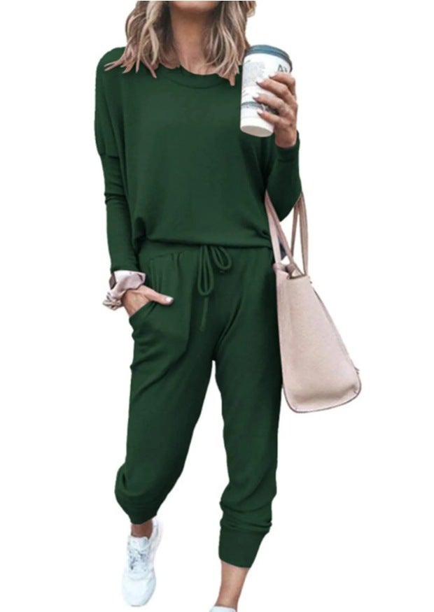 2024 Amazon Autumn New Independent European and American Cross-border Shrimp Womens Home Solid Color Casual Fashion Military green