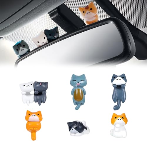 TSTESE Car Cute Cat Decor Rearview Mirror Ornaments Decorations Dashboard Truck Interior Ornament Decorate Funny Pussy Figure EV Decorative Gifts RV Decors Universal Accessories Cartoon Animals 6 Pcs - Image 1