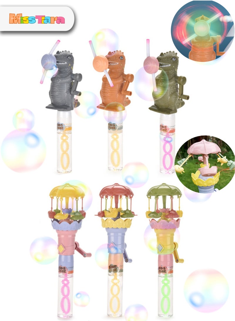 MissTiara 6 Pcs Dinosaur Glowing Fan and Carousel Bubble Wand Bubble Water Toy Party Favors for Kids Bubble Wands Toy, Party Favors, Goodie Bags Fillers, Birthday Day Gifts and Prize - Image 1
