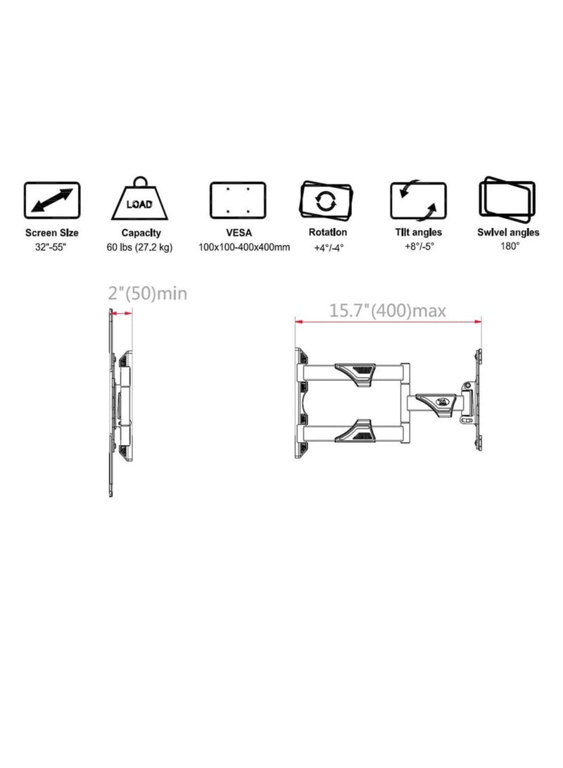 Full Motion TV Wall Mount for Most 32-55 Inch Computer Monitors and TVs，Adjustable Tilting, Rotating.Weight up to 60lbs - Image 5