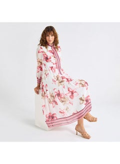 FAV All-Over Floral Print Shirt Dress with Tie-Ups and Long Sleeves  - Image 1