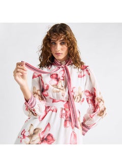 FAV All-Over Floral Print Shirt Dress with Tie-Ups and Long Sleeves  - Image 4