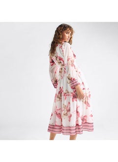 FAV All-Over Floral Print Shirt Dress with Tie-Ups and Long Sleeves  - Image 3
