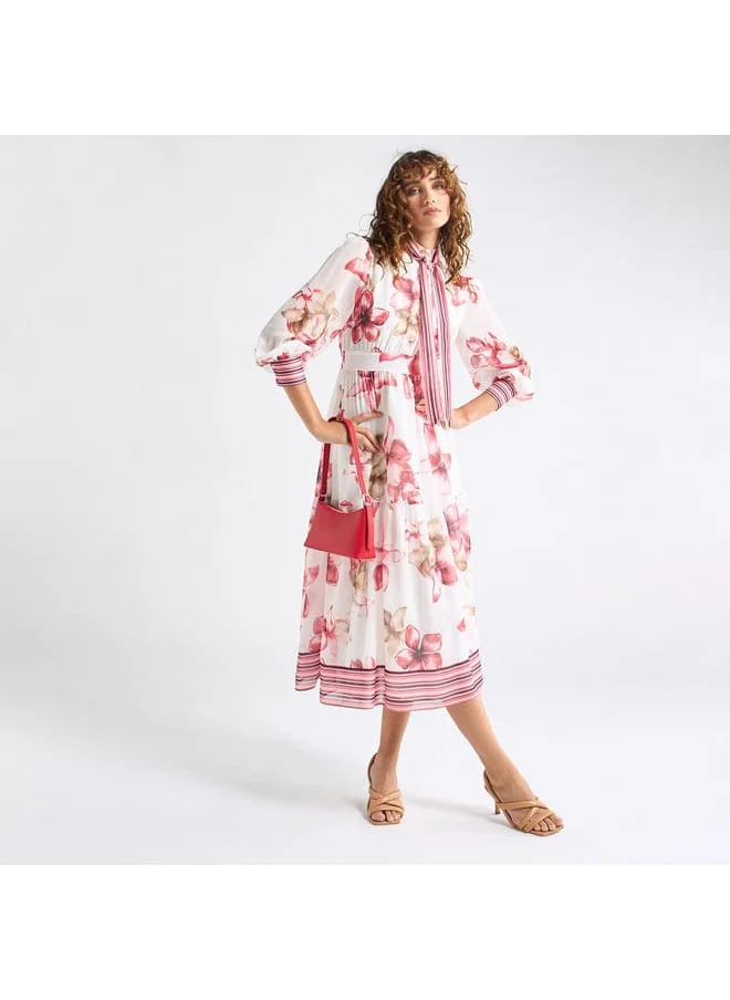 FAV All-Over Floral Print Shirt Dress with Tie-Ups and Long Sleeves