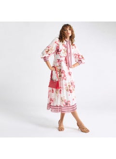 FAV All-Over Floral Print Shirt Dress with Tie-Ups and Long Sleeves  - Image 2