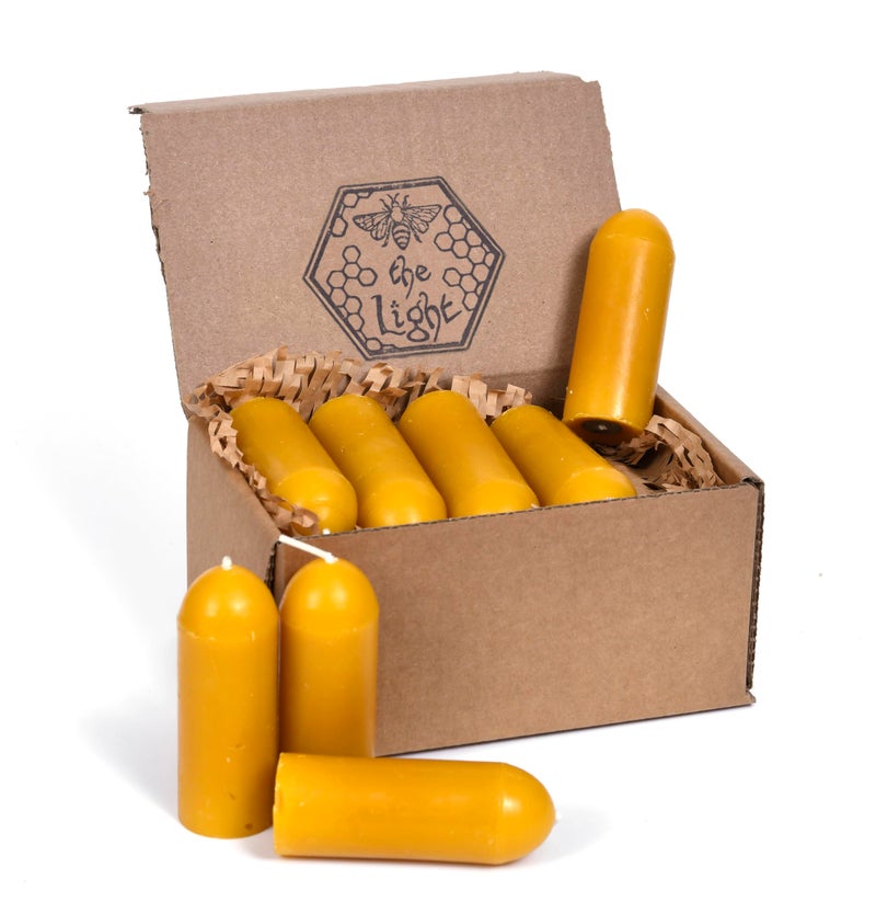 Bee The Light BeeTheLight Beeswax Lantern Candles (3.5" x 1.25") - Smokeless Unscented Candle - 12 Hours Burn Time Each - Pure Beeswax Candle - Handmade Camping Candle for Lanterns & Chandeliers - Pack of 24 - Image 1