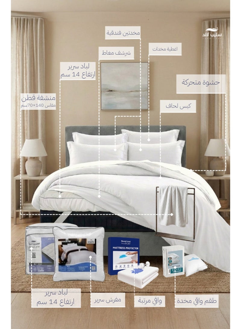 SleepLand Luxury Hotel Mattress Topper and Bedding Set 13 Pieces 200x180 cm 14 cm Height + White Bedding Set + Two Pillows + Protectors + Cotton Towel - Image 1