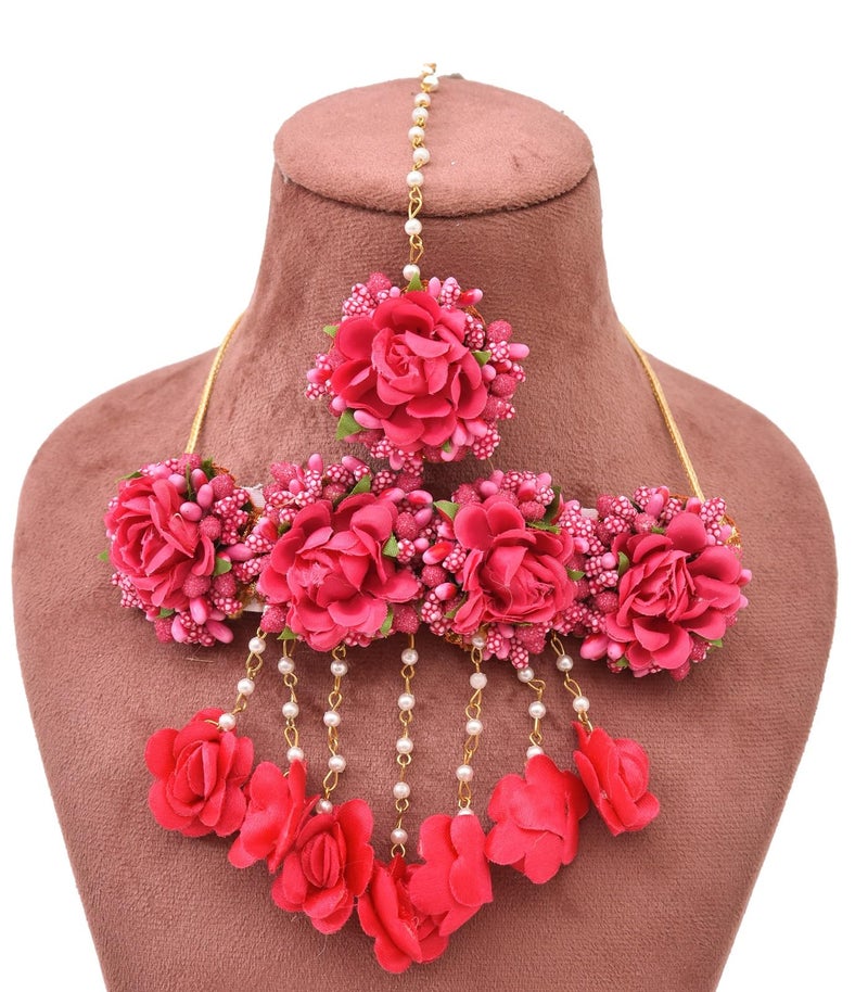 Sanvatsar Rose Red Fabric Glorious Bridal Jewellery Set for Women - Image 3