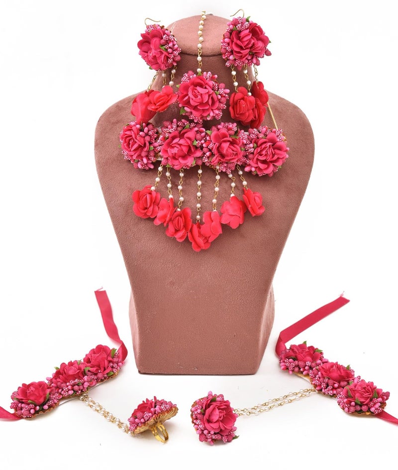 Sanvatsar Rose Red Fabric Glorious Bridal Jewellery Set for Women - Image 5