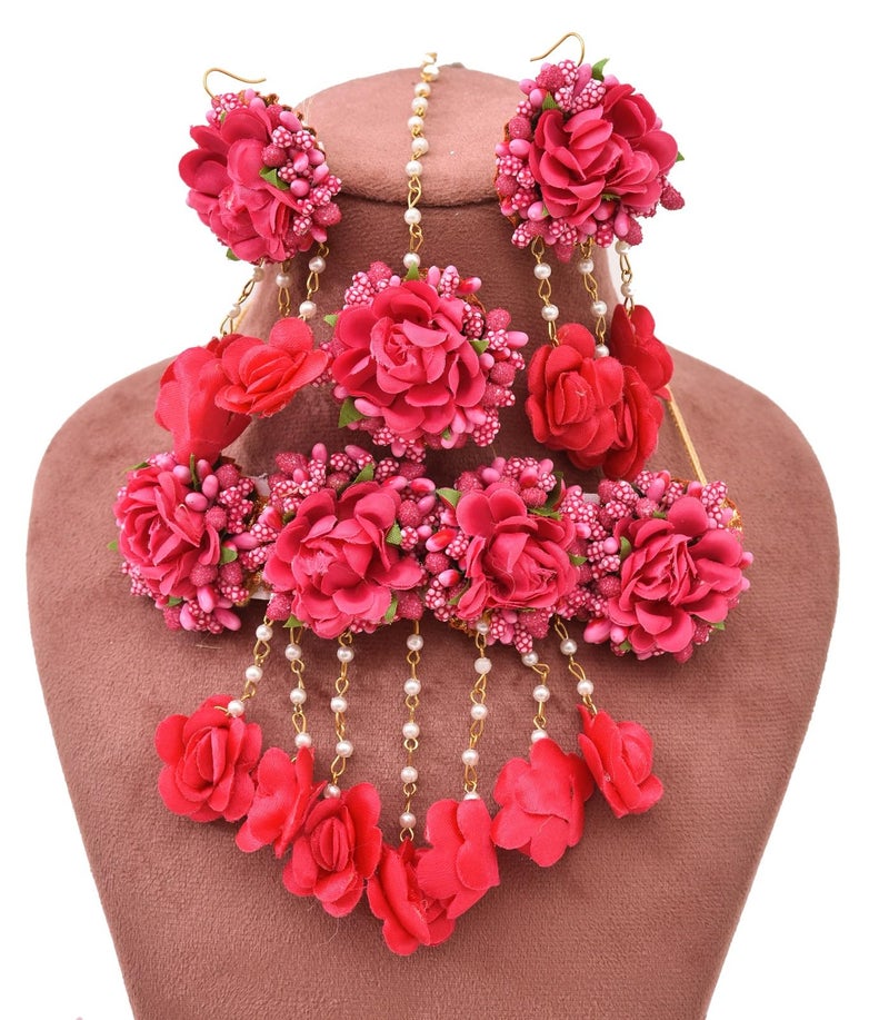 Sanvatsar Rose Red Fabric Glorious Bridal Jewellery Set for Women - Image 2