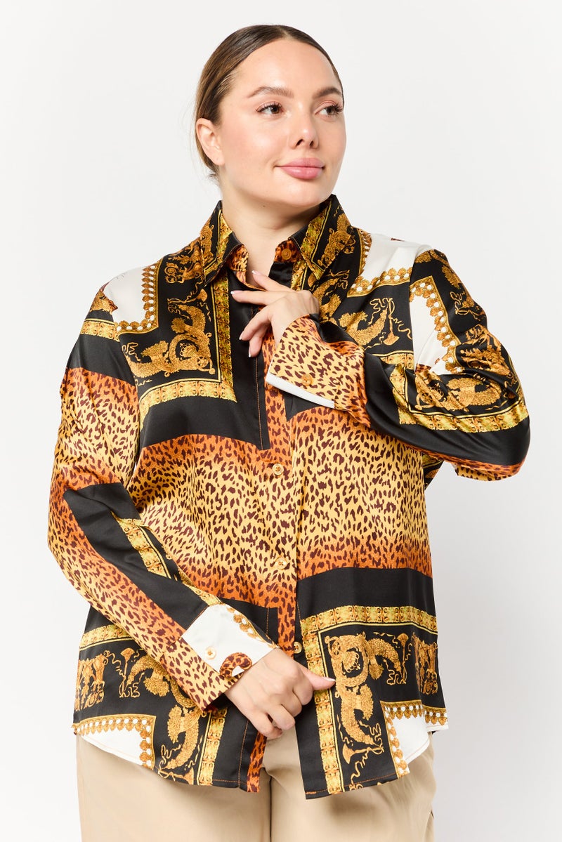 XOXO Women Spread Collar Allover Print Satin Shirt, Multicolor - Image 1