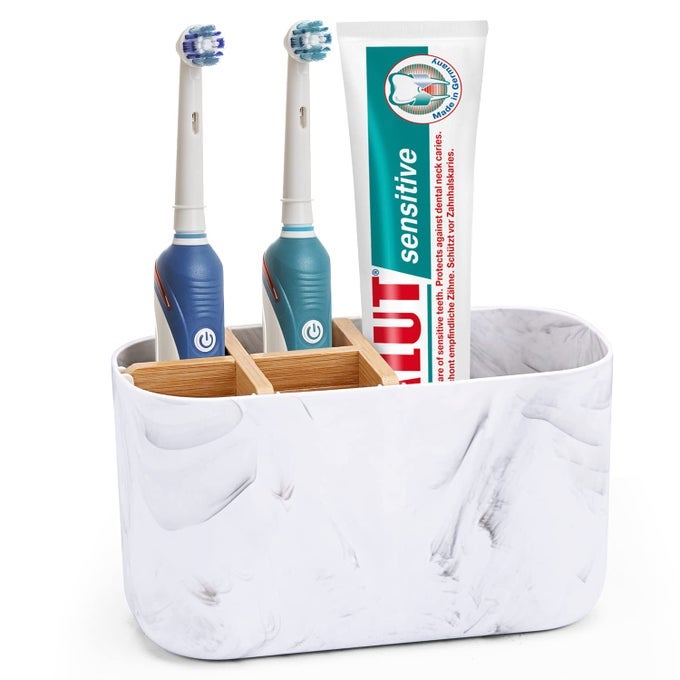 BAMBOO TOOTHBRUSH HOLDER FOR BATHROOM STORAGE ORGANIZER CADDY ELECTRIC TOOTHBRUSH HOLDER FOR KIDS FAMILY 5 SLOTS TOOTHBRUSH AND TOOTHPASTE HOLDER WHITE