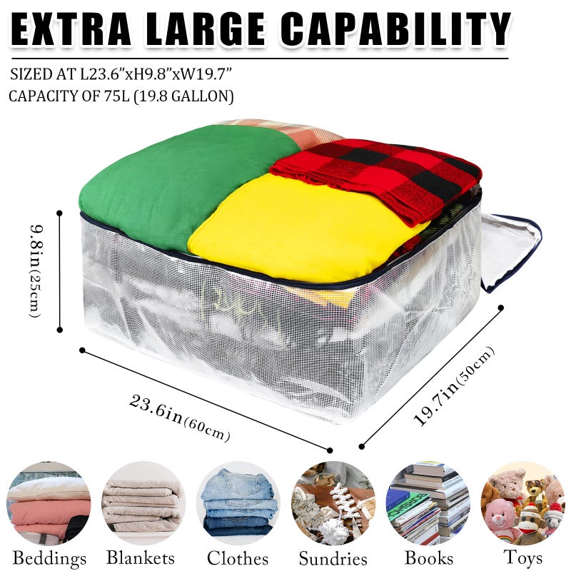 Ineetatu Clear Storage Bags with Zipper, 75L Extra Large Capacity - Closet, Underbed Storage Organizer for Clothes, Bedding, Comforter, Toys, Pillow & Blanket, 3 Pack - Image 2
