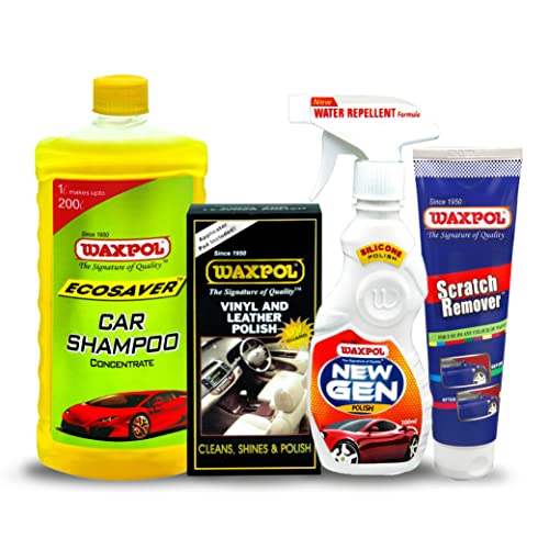 Waxpol Car & Bike Care Kit | Ecosaver Shampoo 1L, Exterior Polish, Vinyl & Leather Polish & Scratch Remover | Interior Exterior Cleaning, High Gloss Shine & Paint Protection - Image 1