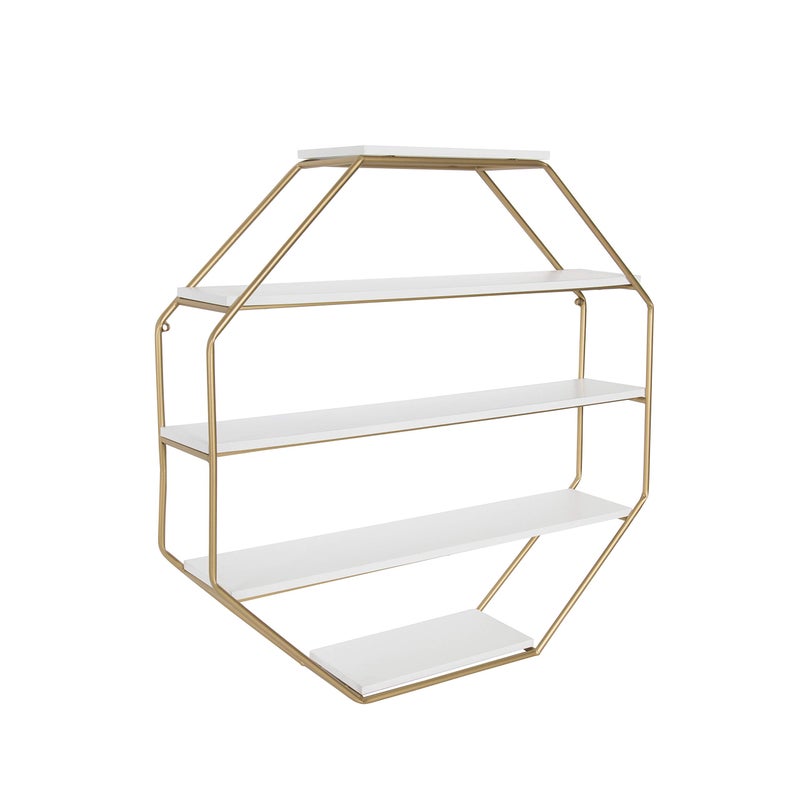 Kate and Laurel Kate and Laurel Lintz Large Modern Octagon Floating Wall Shelves with Metal Frame Gold and White 