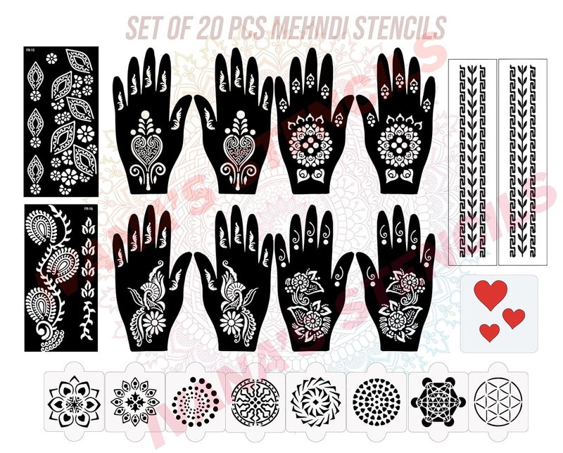 ivana's Ivanas Set of 20 Pcs Combo Pack Reusable Mehandi Design Sticker Stencils for Both Hand Mehendi Design in Hand Quick and Easy to Use for Girls Women Kids Teen D2208 - Image 1