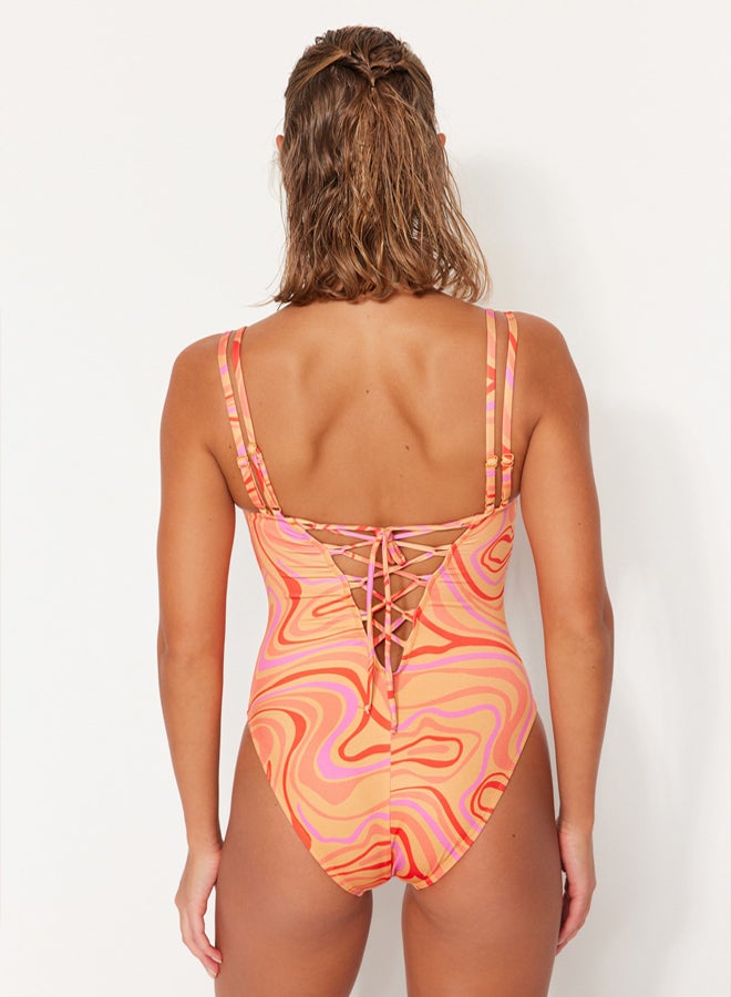 Abstract Patterned Square Neck Webbing Regular Swimsuit
